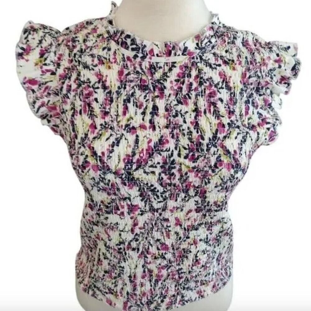 French Connection Floral Ruffle Cap-Sleeve Smocked Top White Size XS NWT